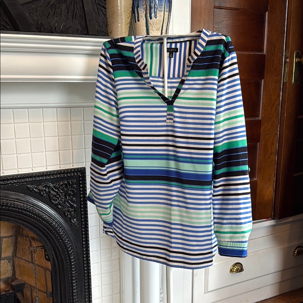 Talbots White and Blue‎ Long Sleeve Split V Blouse- worn 2-3 times